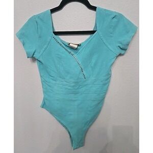 Vintage Cache Edgy Rock Star Swifty Bodysuit‎ teal Blue V Neck Size Medium Y2K